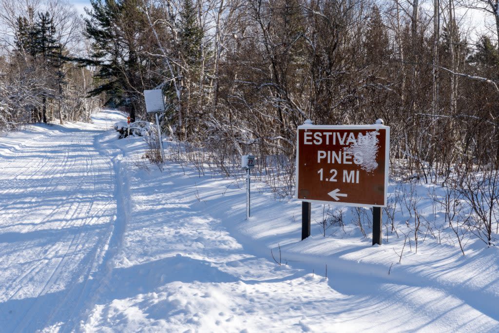 Road sign for Estivant Pines in winter.