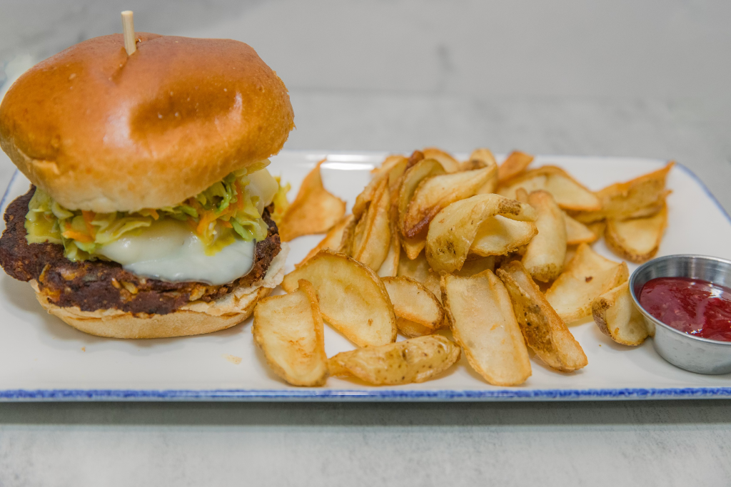 The vegetarian St. Mary’s Black Bean Burger at Kingston Kitchen on Mackinac Island