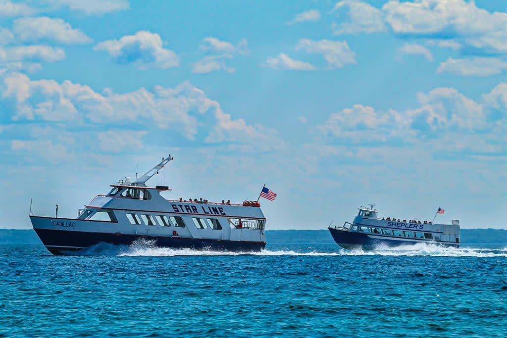 Because there is no bridge from the mainland,  Mackinac Island Ferry and Shepler’s ferries shuttle visitors to and from Mackinac Island.