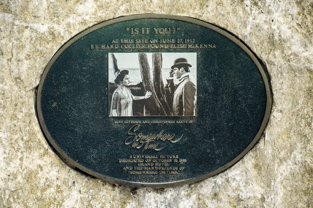A Mackinac Island plaque marks where Christopher Reeve’s and Jane Seymour’s characters meet in the Somewhere In Time movie.