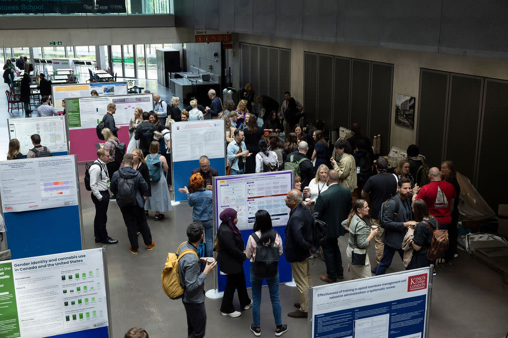 conference delegates viewing poster boards at an academic conference