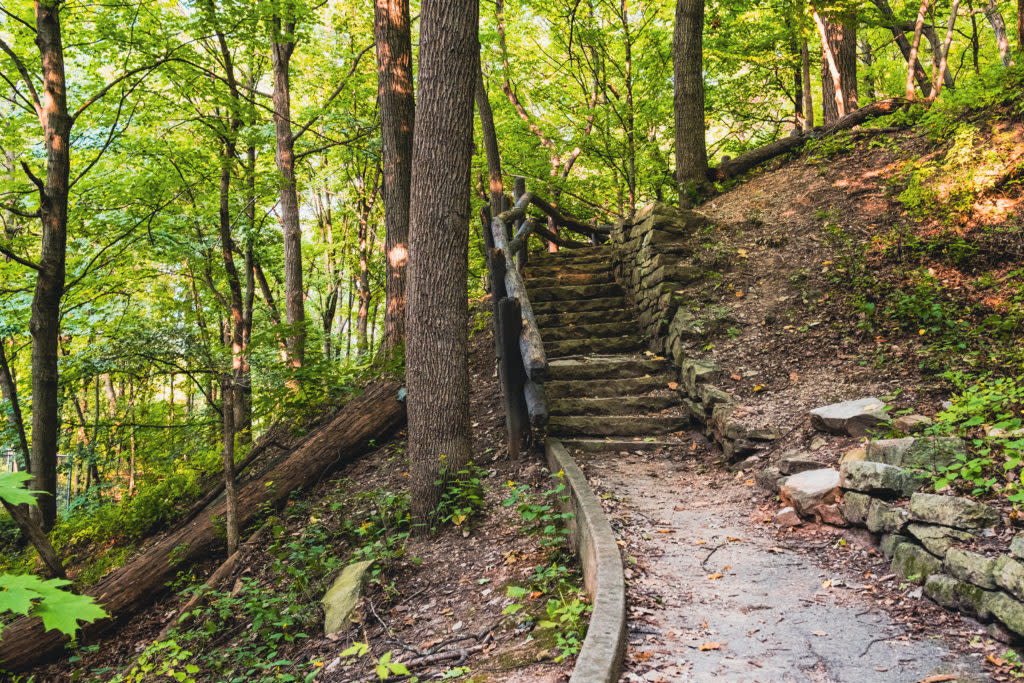 Dirt and stone path and stairwell in the woods at Jacobus Park in Wauwatosa, WI