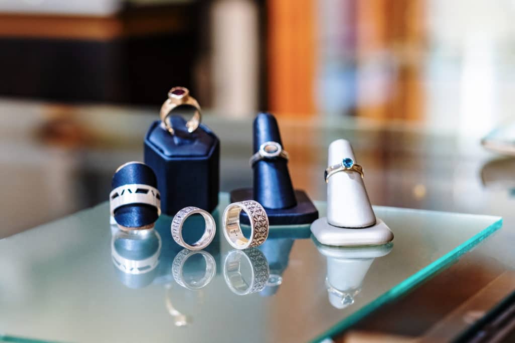 Rings on display at Magpie Jewelry & Metal Studio in Wauwatosa
