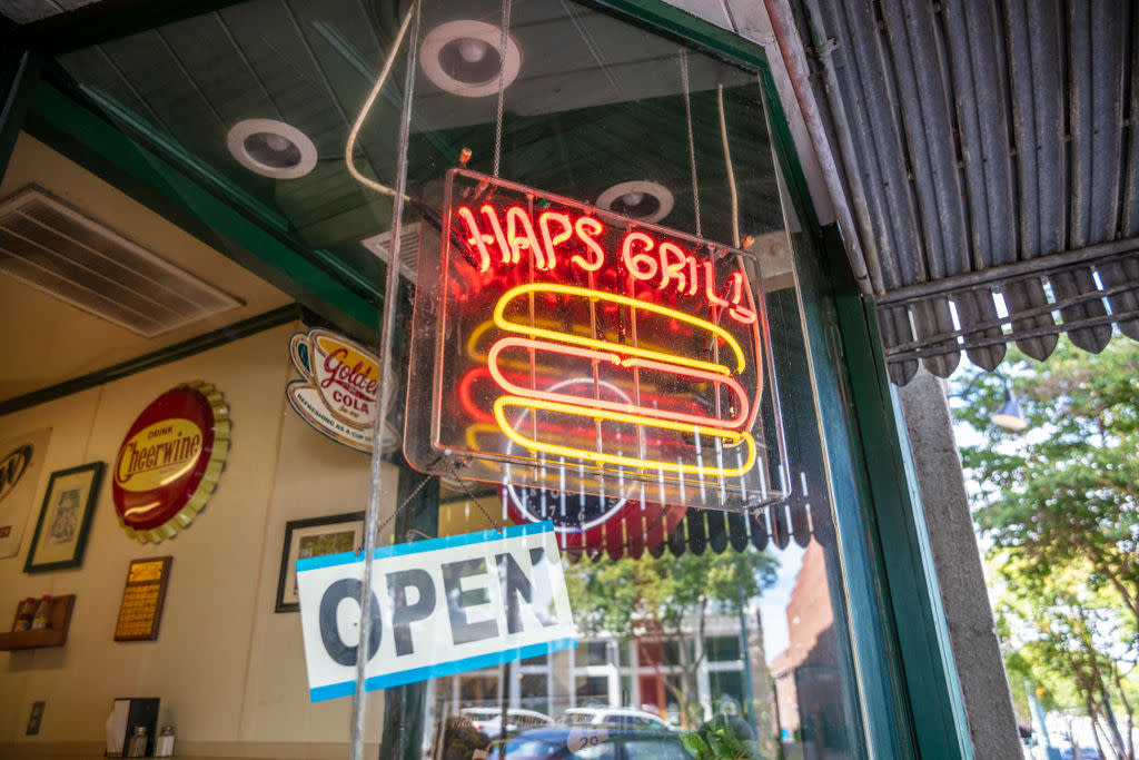 "Hap's Grill" Sign on restaurant window