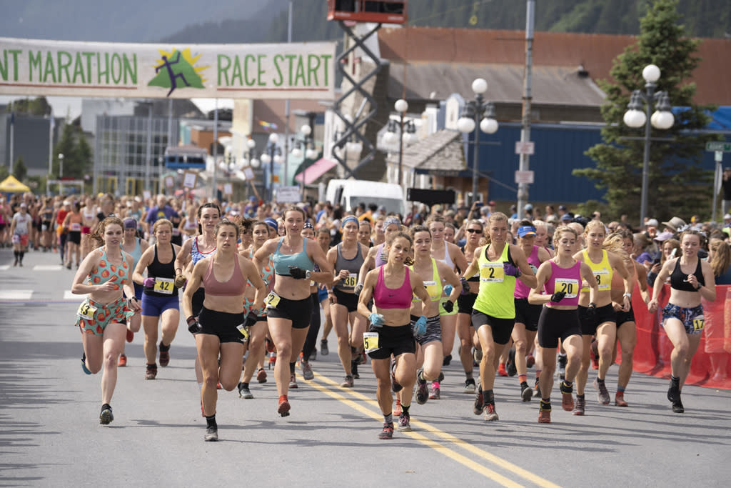 Women start at the Mount Marathon Race in Seward, Alaska.