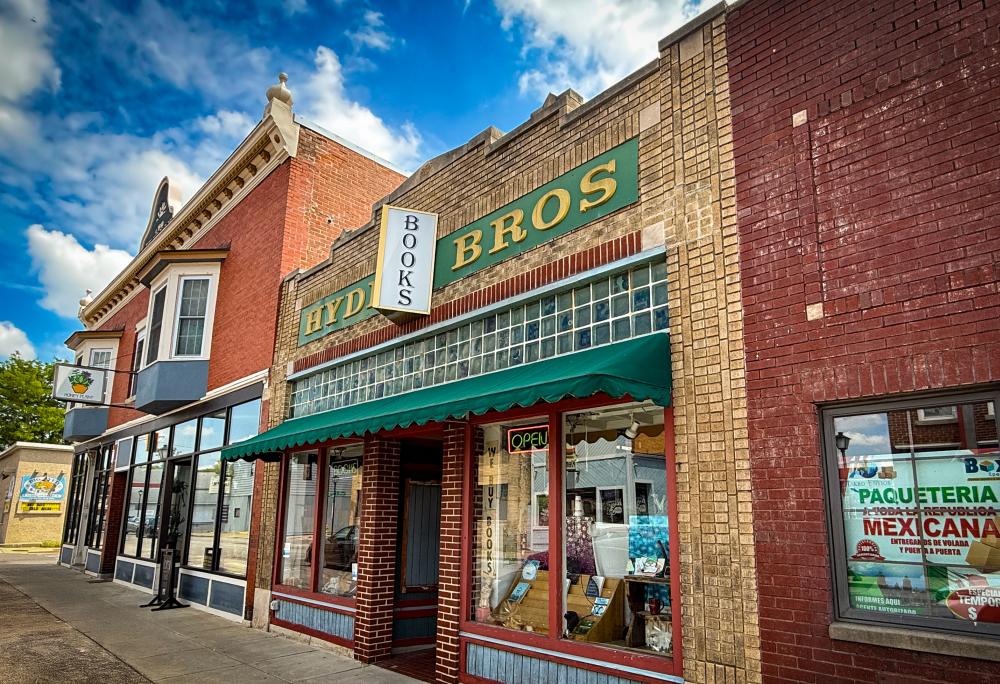 Front entrance facade of Hyde Brothers Booksellers on Wells Street in Fort Wayne, Indiana