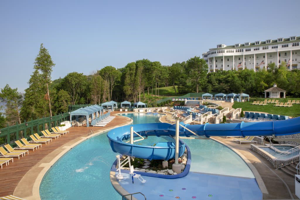 The Esther Williams Swimming Pool at Mackinac Island's Grand Hotel features a water slide