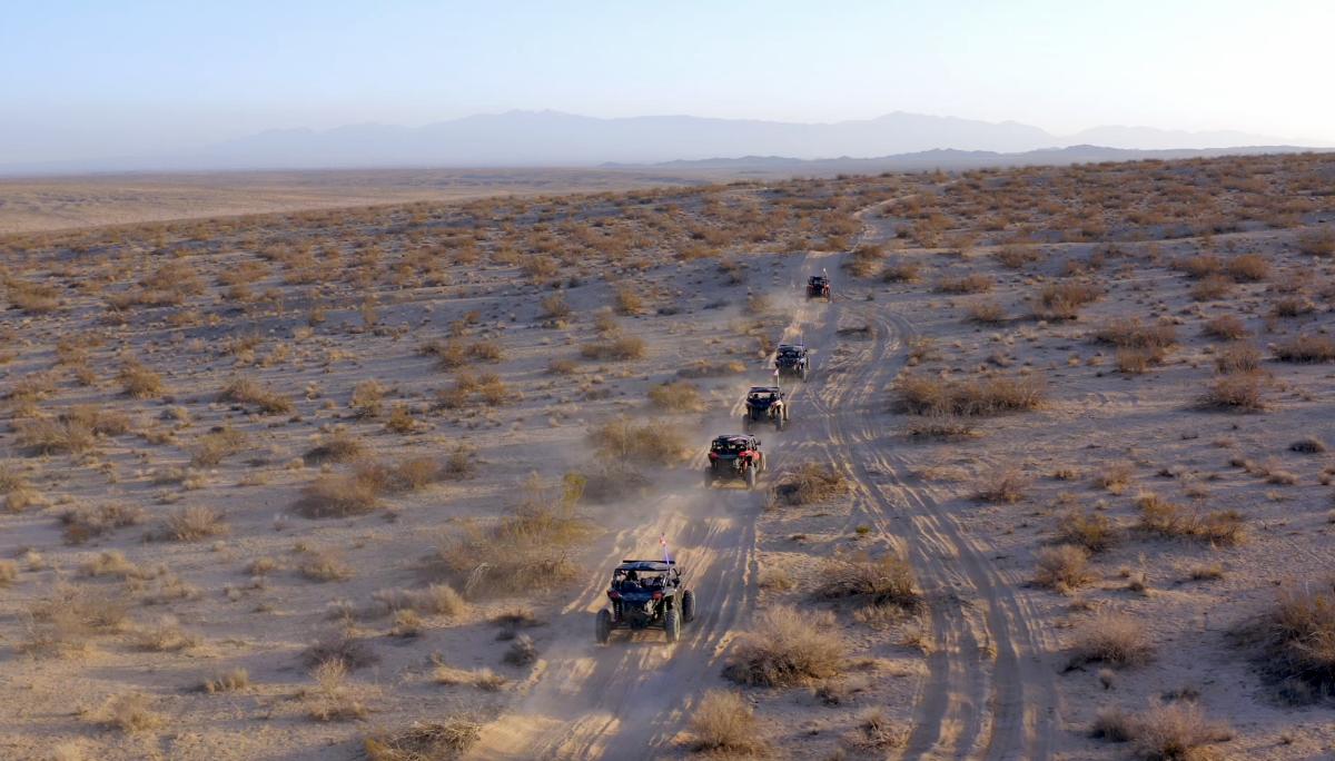 UTVs from Wild Desert Tours on a dirt trail in the Mojave Desert