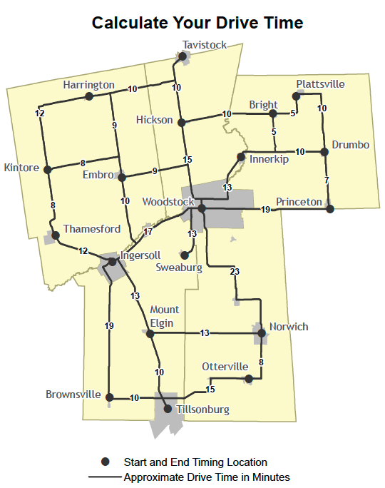 Map showing drive time between communities.