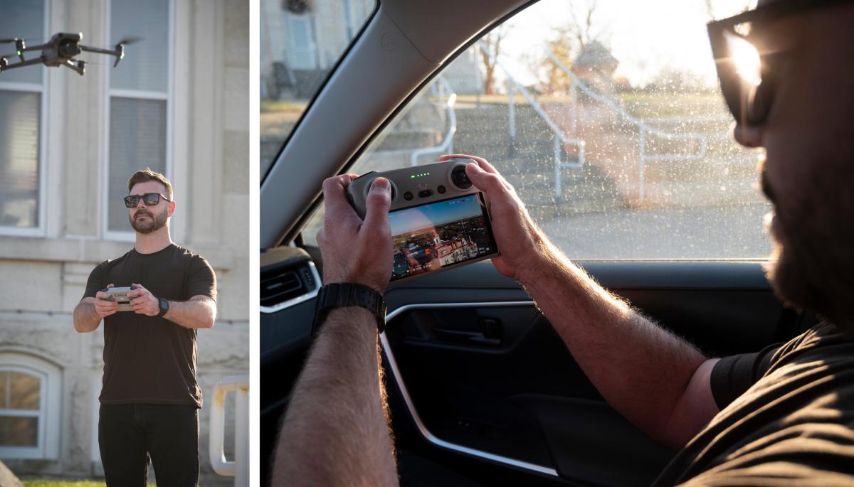 Two images next to each other, a man dressed in black. One image he is standing looking at a small drone in the air. He is hold a controller. The other image is the same man sitting in a car looking at the controller in his hands.