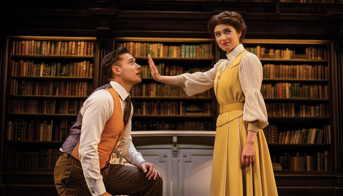 A man and woman perform on stage during "The Music Man"