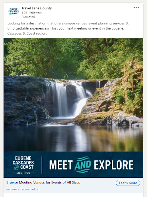 A LinkedIn paid social post featuring a photo of a waterfall and the "Meet and Explore" logo