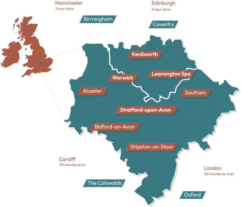 A map showing the location of Shakespeare's England in Warwickshire