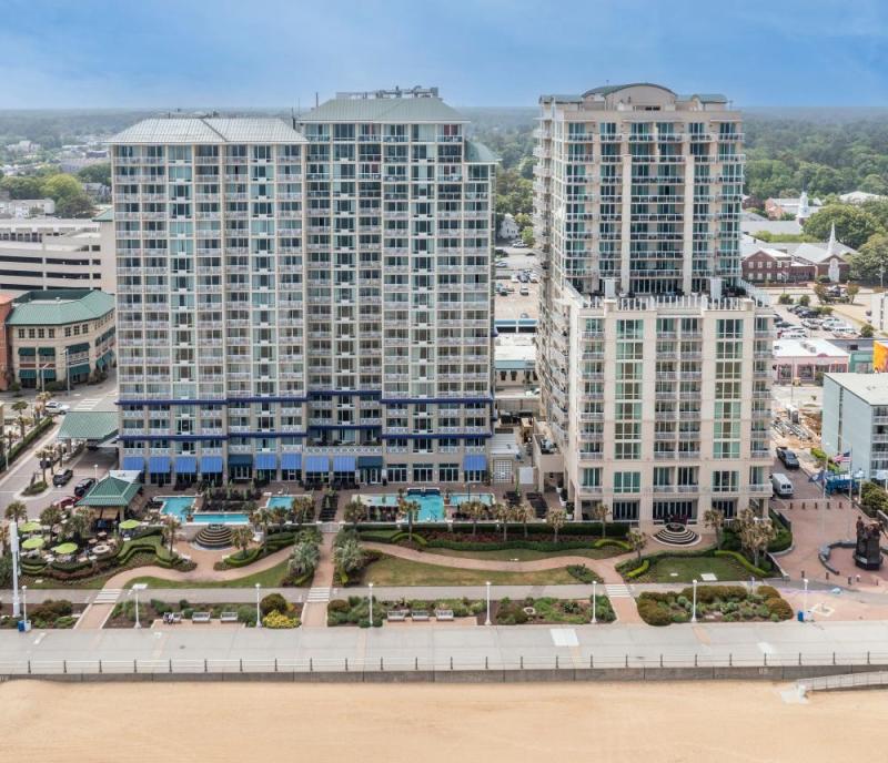 Aerial Image of hotels along boardwalk and beach