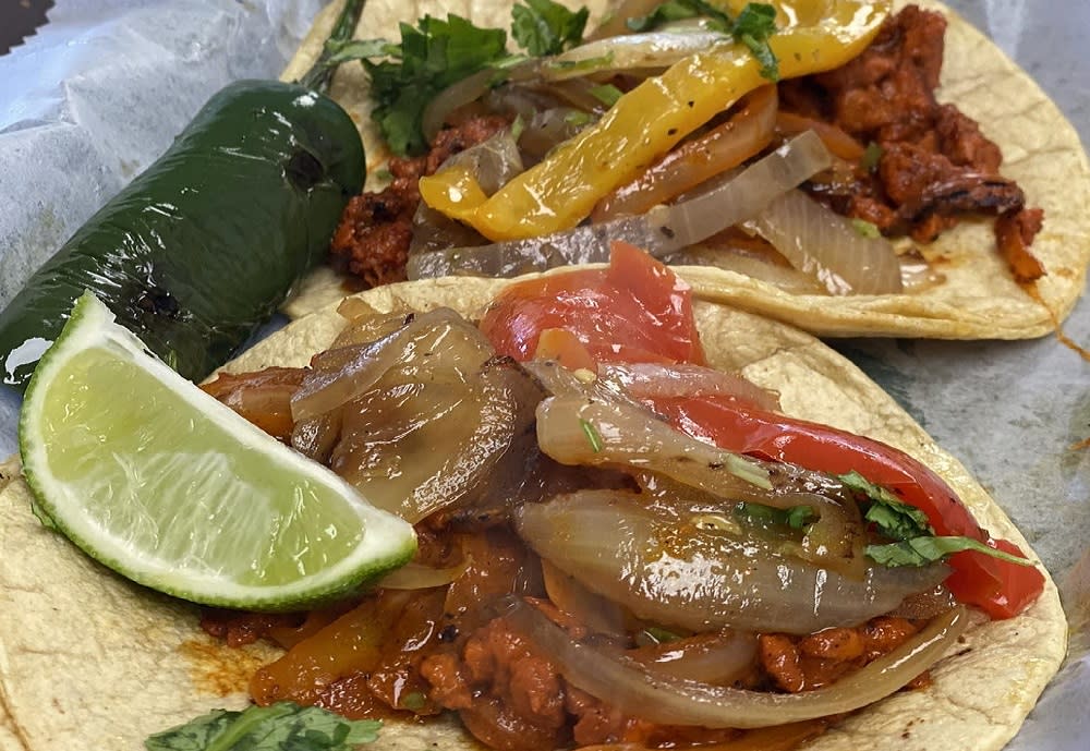 Two vegan tacos from Dos Hermanos mexican grill