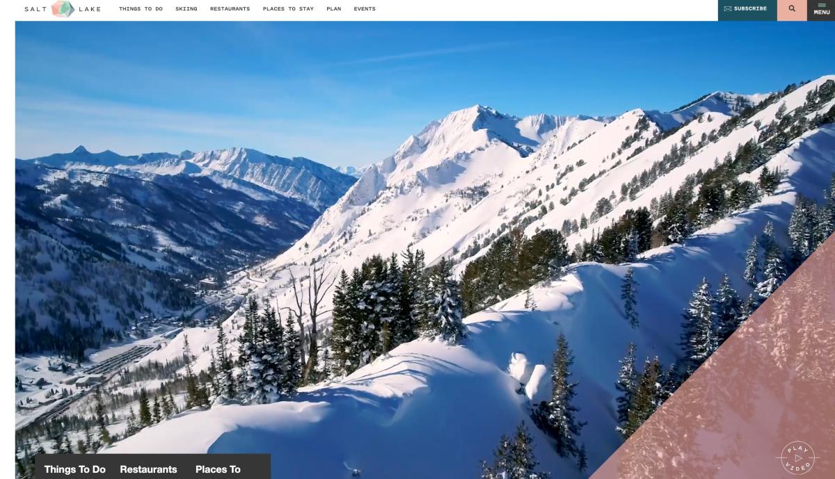 A hero video showing snow-covered mountains on Salt Lake City's website.