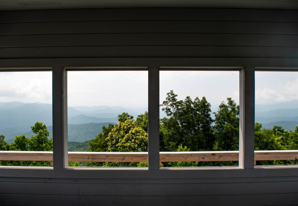 The view from inside the cab of the Rich Mountain Fire Tower on the Appalachian Trail.