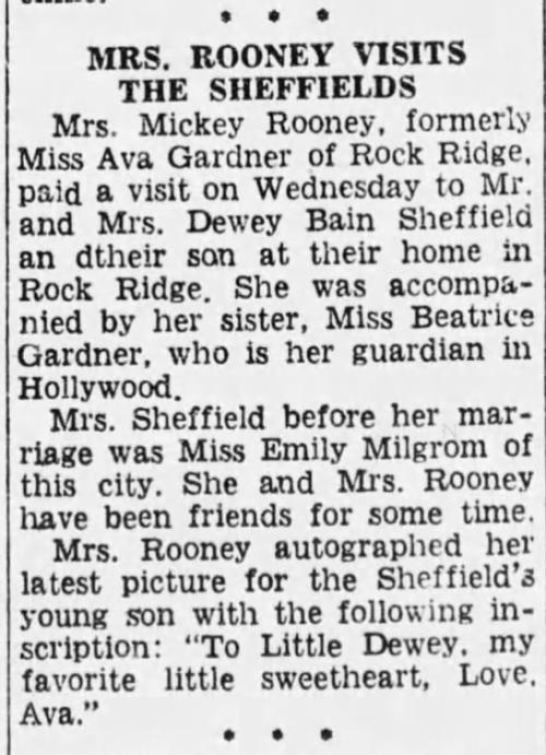 Newspaper article about Ava visiting the Sheffields after she married Mickey Rooney.