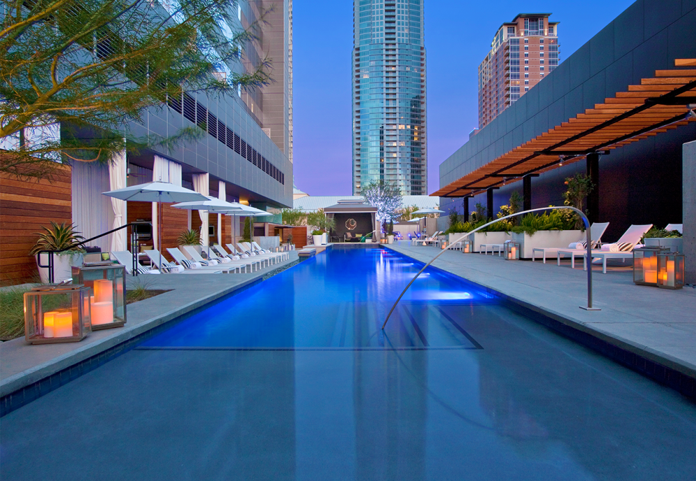 The pool at W Austin hotel at twilight