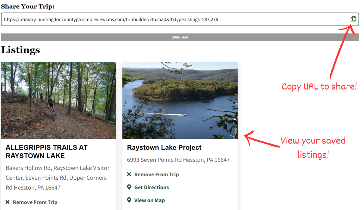 From the trip builder, you can view or remove your saved listings, and share your trip!