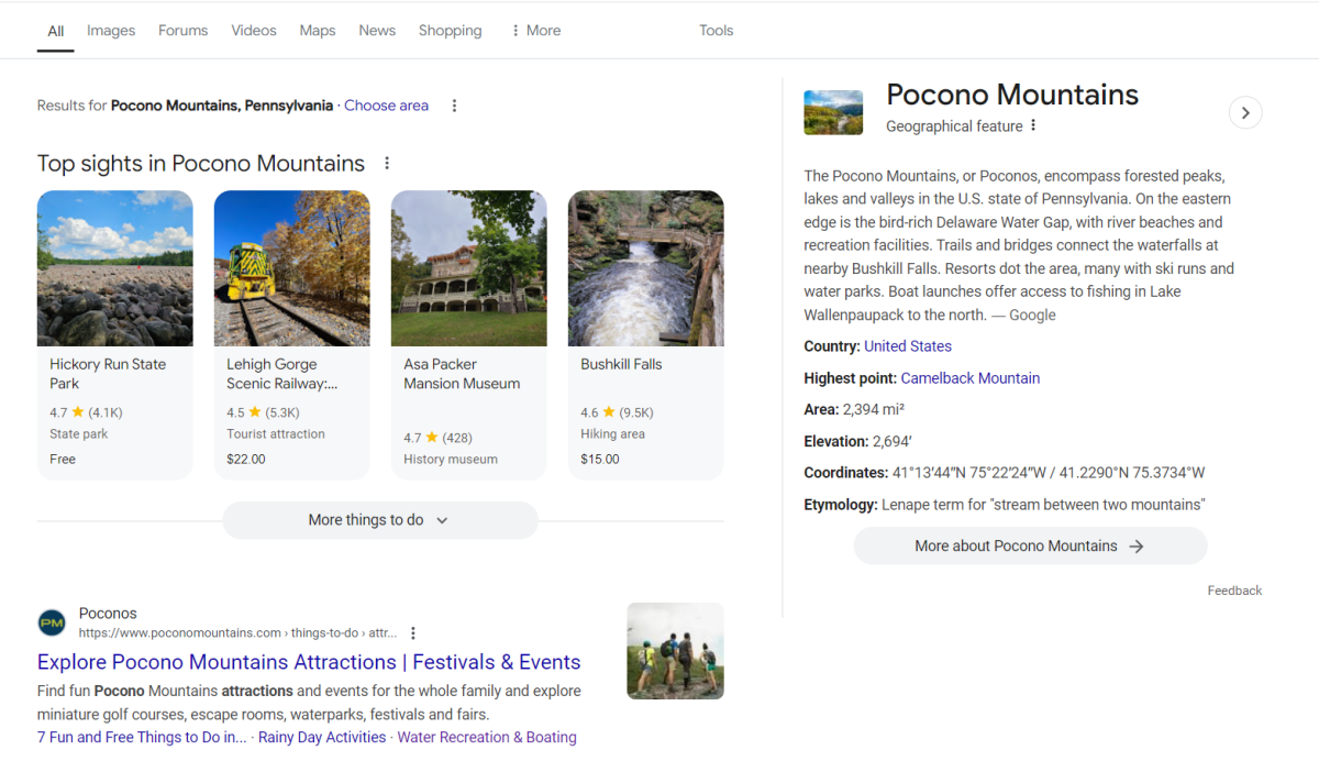 A screenshot of search results for Pocono Mountains