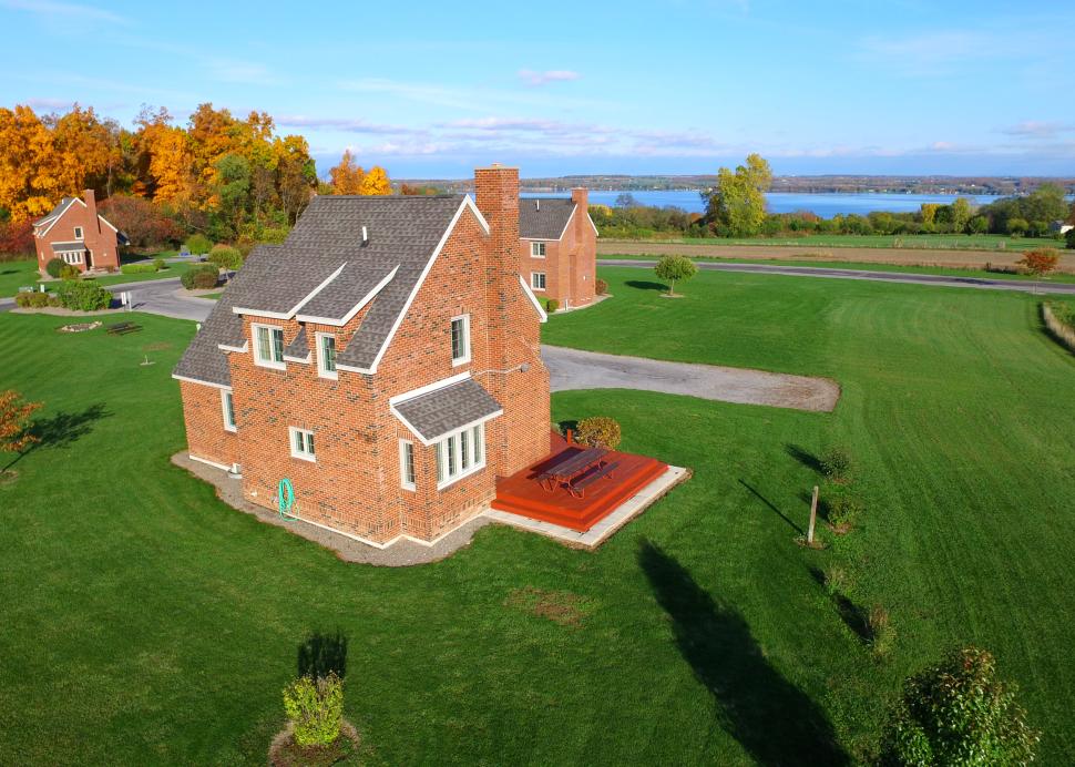 Aerial photo of the Owasco Brick Cottage owned by Cobtree Family Rental Homes