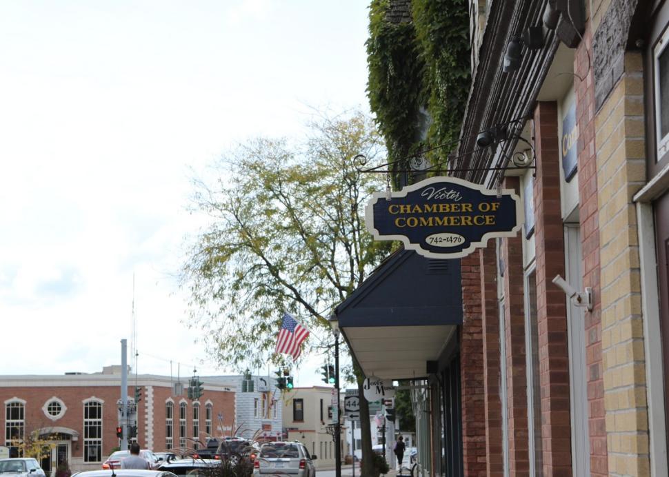 Sign over the entrance to the Victor Chamber of Commerce