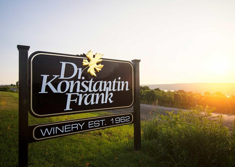 Dr. Konstantin Frank Winery sign and sunset