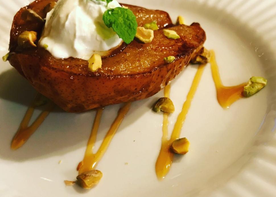 Baked Carmelized Pears with Sour Cream and Pistachios