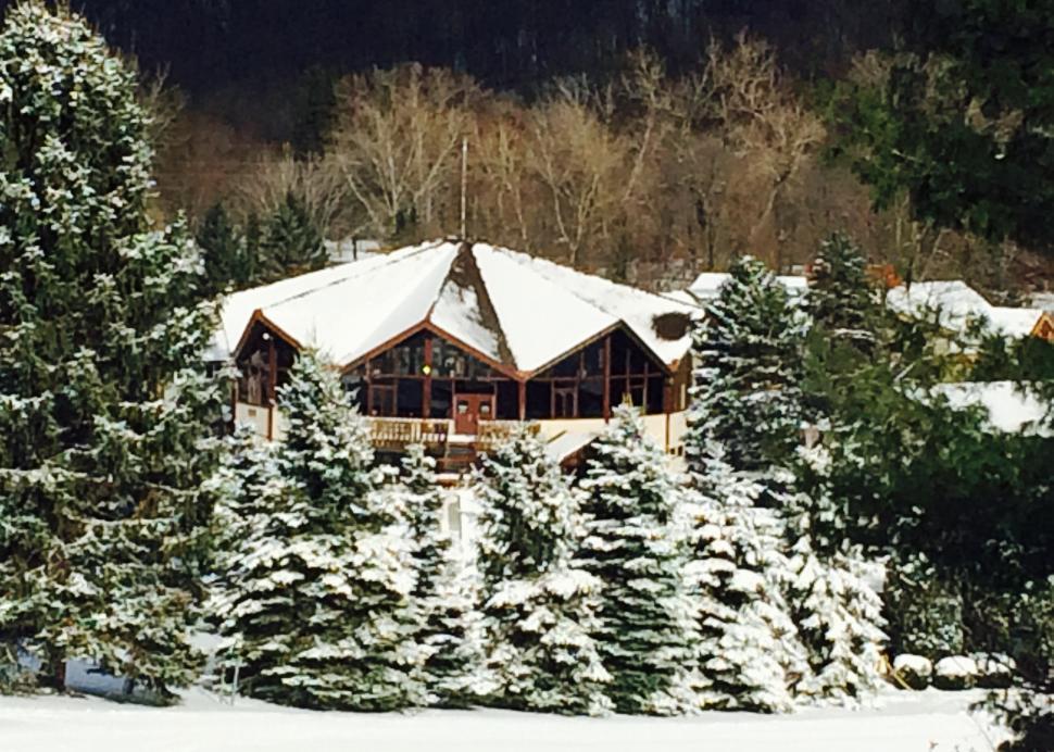 Exterior of Bristol Mountain's lodge covered in snow