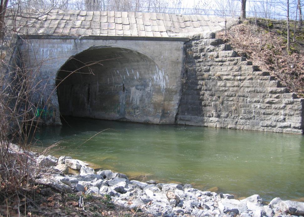 A river flows through a tunnel on a trail at the Ontario County Pathways
