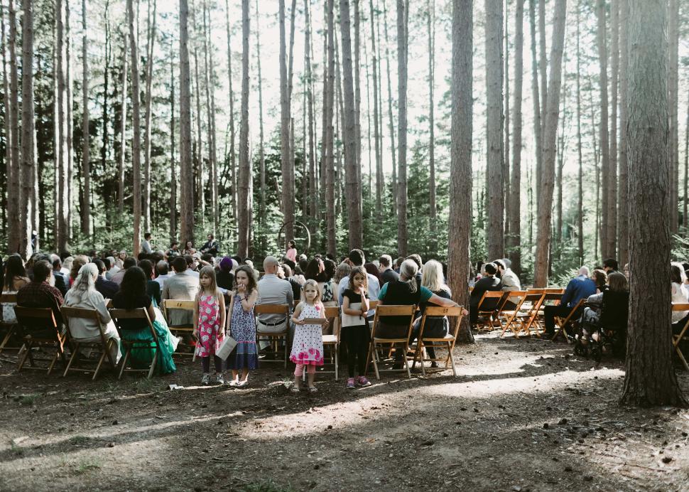 Photo of a wedding ceremony being held within the woods at the Cummings Nature Center