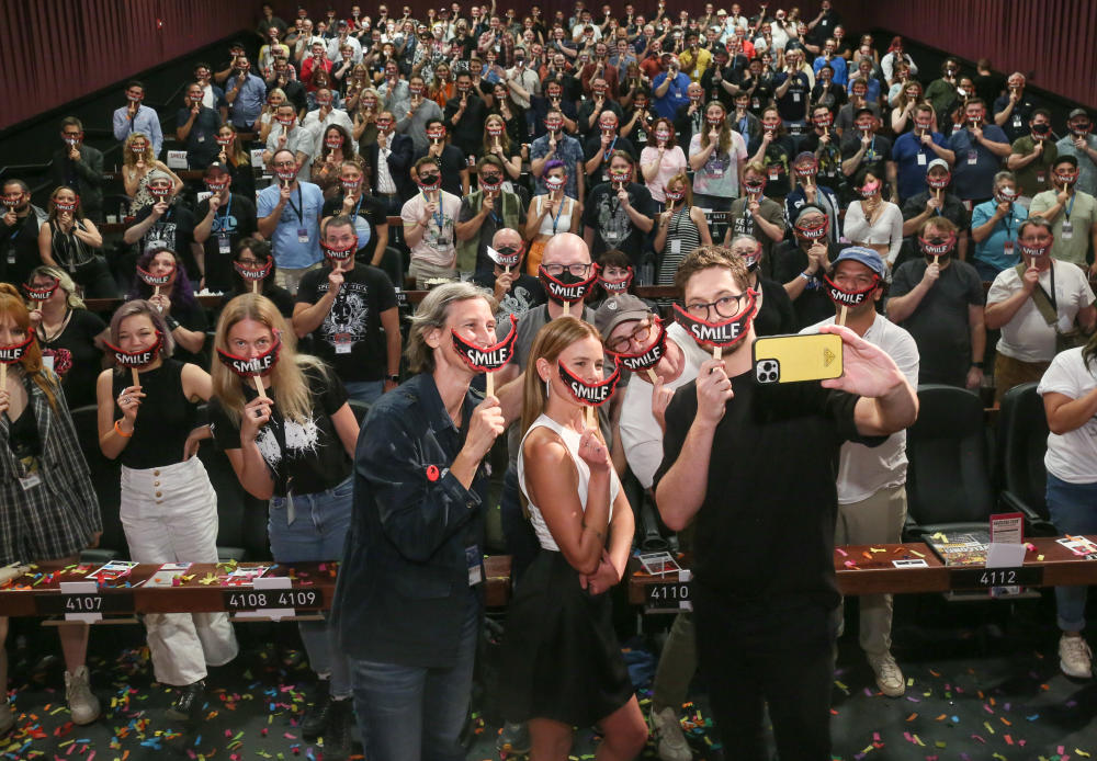 Image of a crowd of people in a movie theater from the premier of a movie at Fantastic Fest.