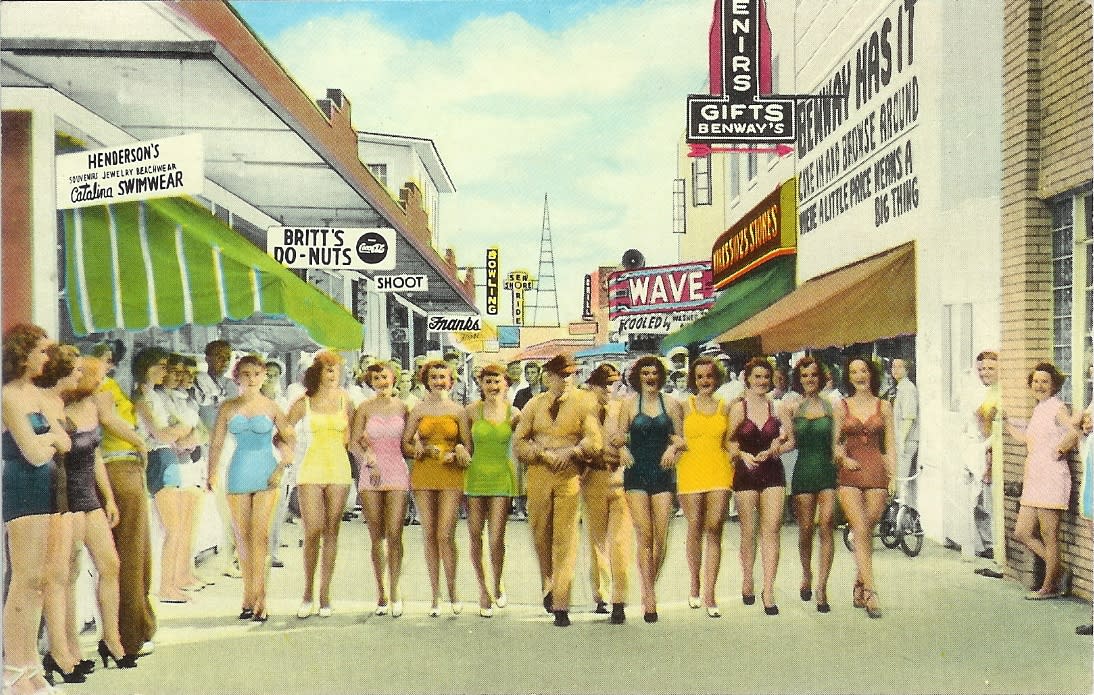 Vintage photograph of women walking on the Carolina Beach Boardwalk.
