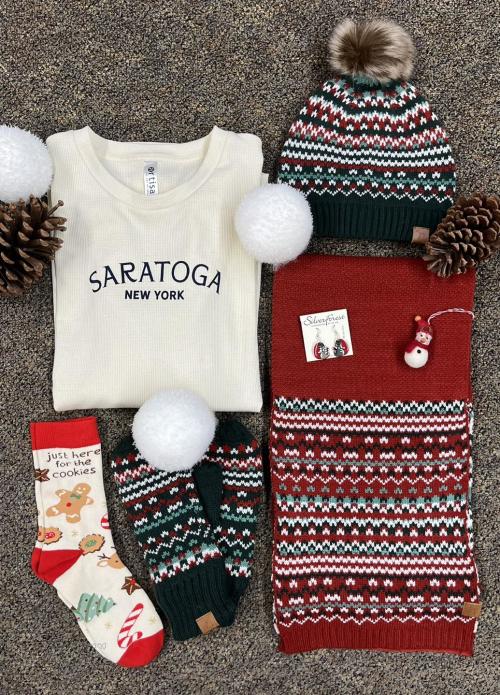 holiday hat, shirt and socks