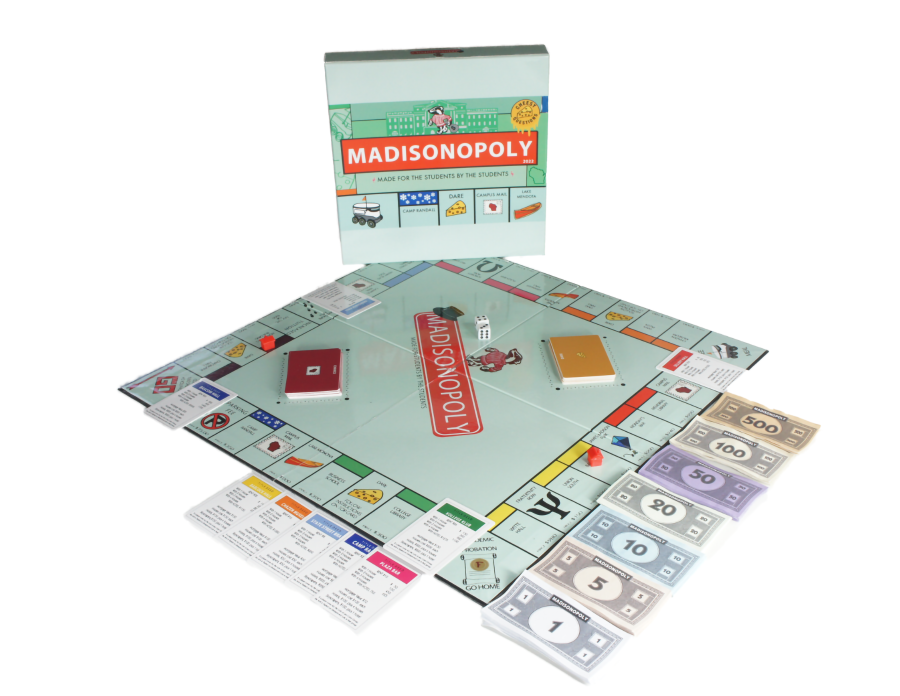 A photo of the Madisonopoly box and board game.