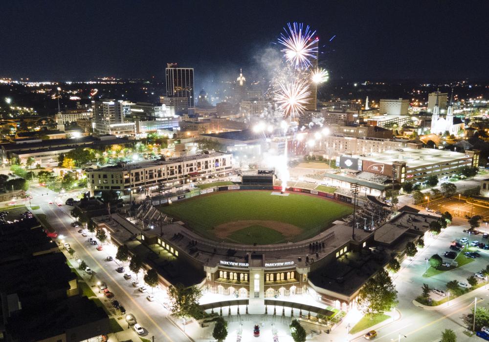 Aerial view of downtown Fort Wayne at night during fireworks