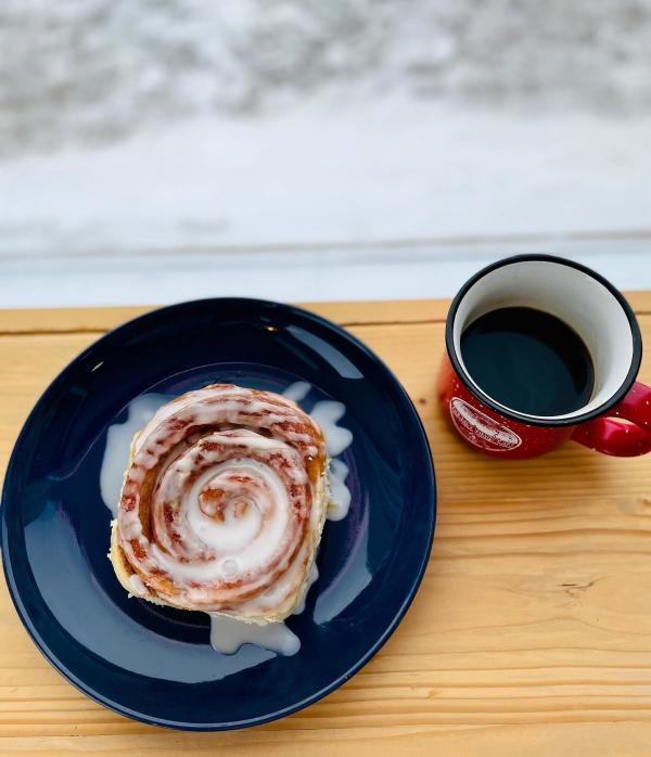 Cinnamon roll and coffee from Trenary Toast Cafe in downtown Marquette