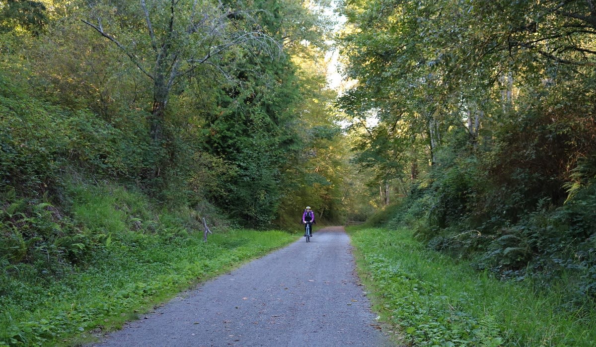 Cross Kirkland Corridor with person on bicycle off in distance