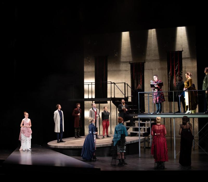 A production taking place on the stage of Ruth N. Halls Theatre