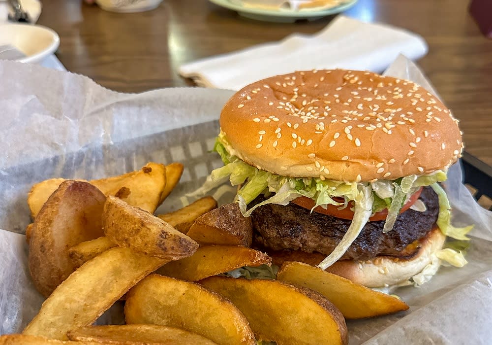 burger and fries from Roy's BBQ