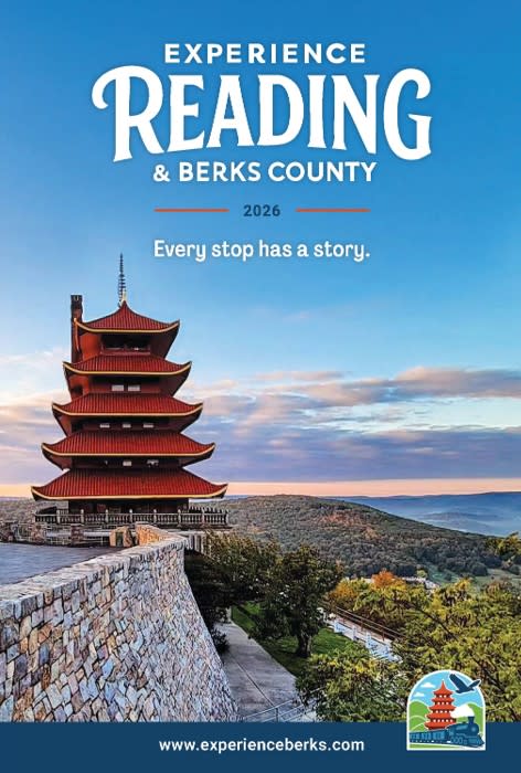 This is the cover of the 2026 Travel Guide for Experience Reading & Berks County.  It shows a deep blue sky, with the Reading Pagoda and the valley below.