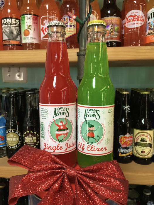 Holiday Jingle Juice and Elf Elixer soda bottles at North Market Pop Shop