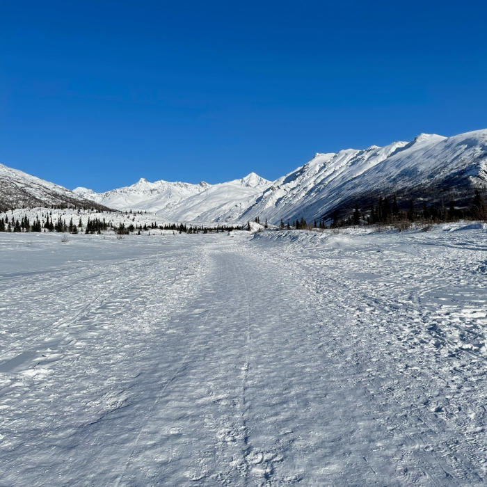 Mountains and snowy path on hike to Castner