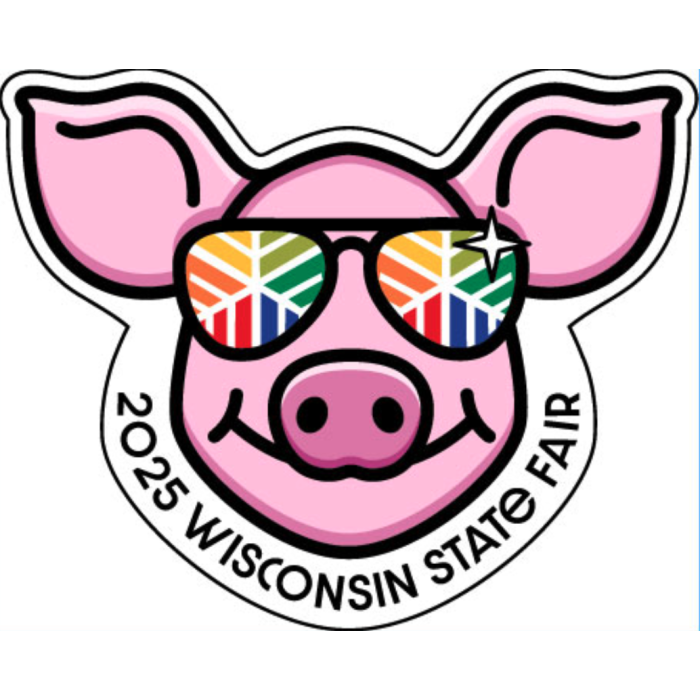 Illustration of a smiling pink pig wearing rainbow-colored sunglasses with a star-shaped glint on one lens. The reflection in the glasses features a geometric pattern. Text below the pig reads “2025 Wisconsin State Fair.”