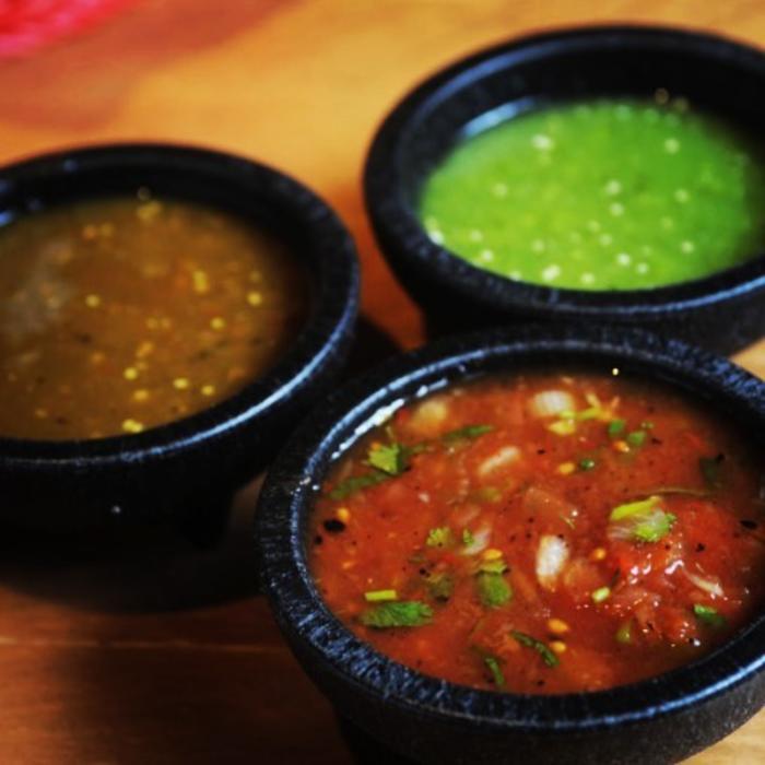 Mild Red, Spicy Brown, and Tomatillo Green salsas