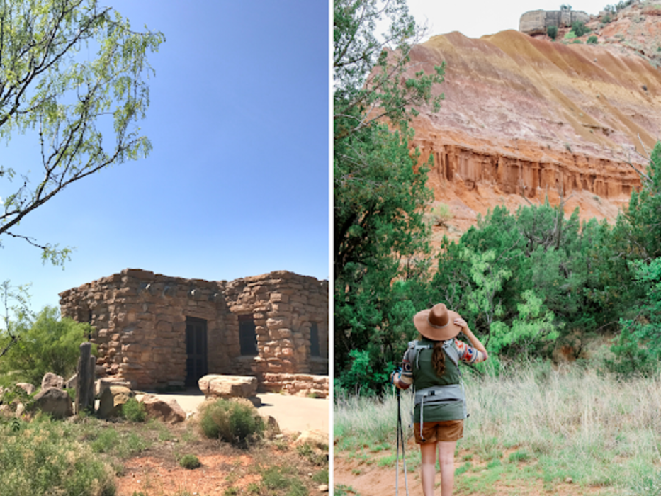 Palo Duro Cabins Collage - photo of Cabin on left and photo of woman hiking on right
