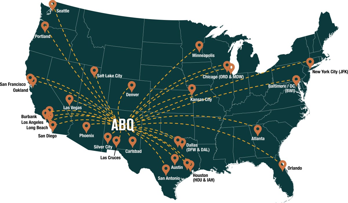 A map showing all of the airline routes that can fly into and out of Albuquerque