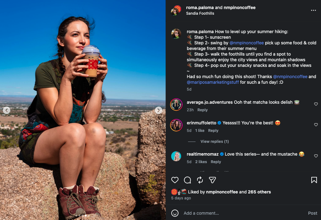 A screenshot of a collaboration post between New Mexico Piñon Coffee and roma.paloma.