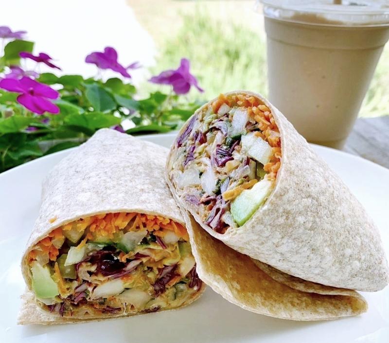 Vegetarian sandwich wrap with smoothie
